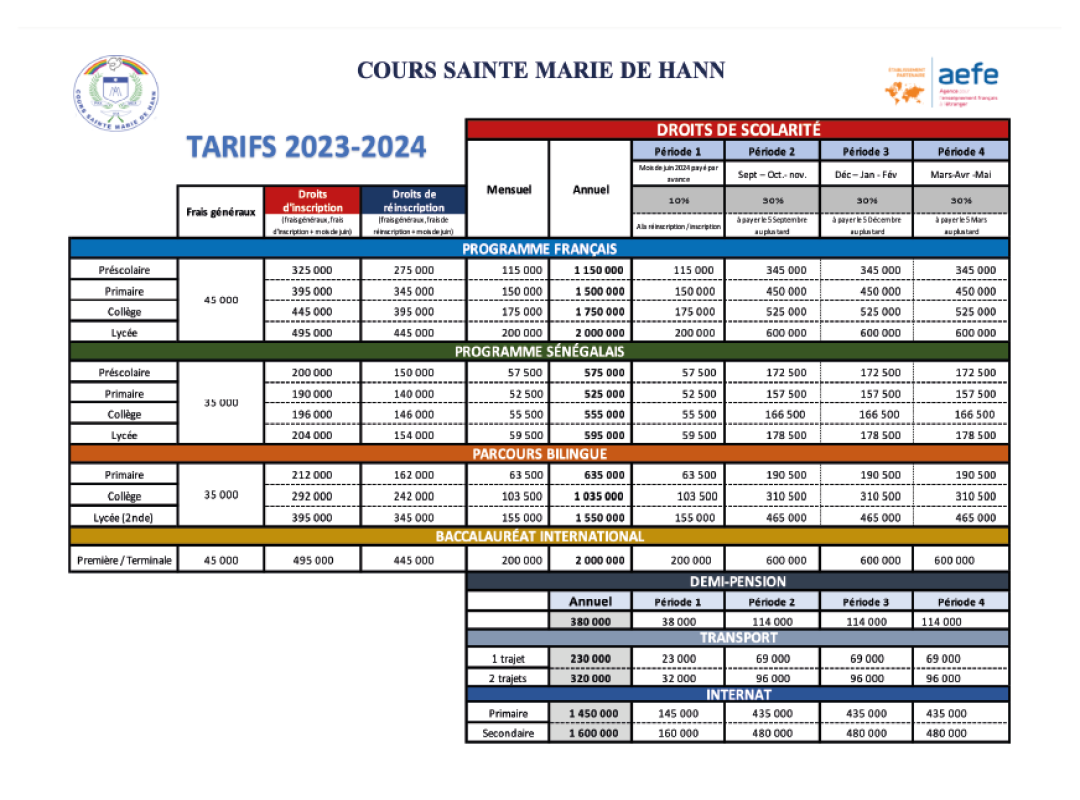 TARIFS SCOLARITÉ 2023-2024